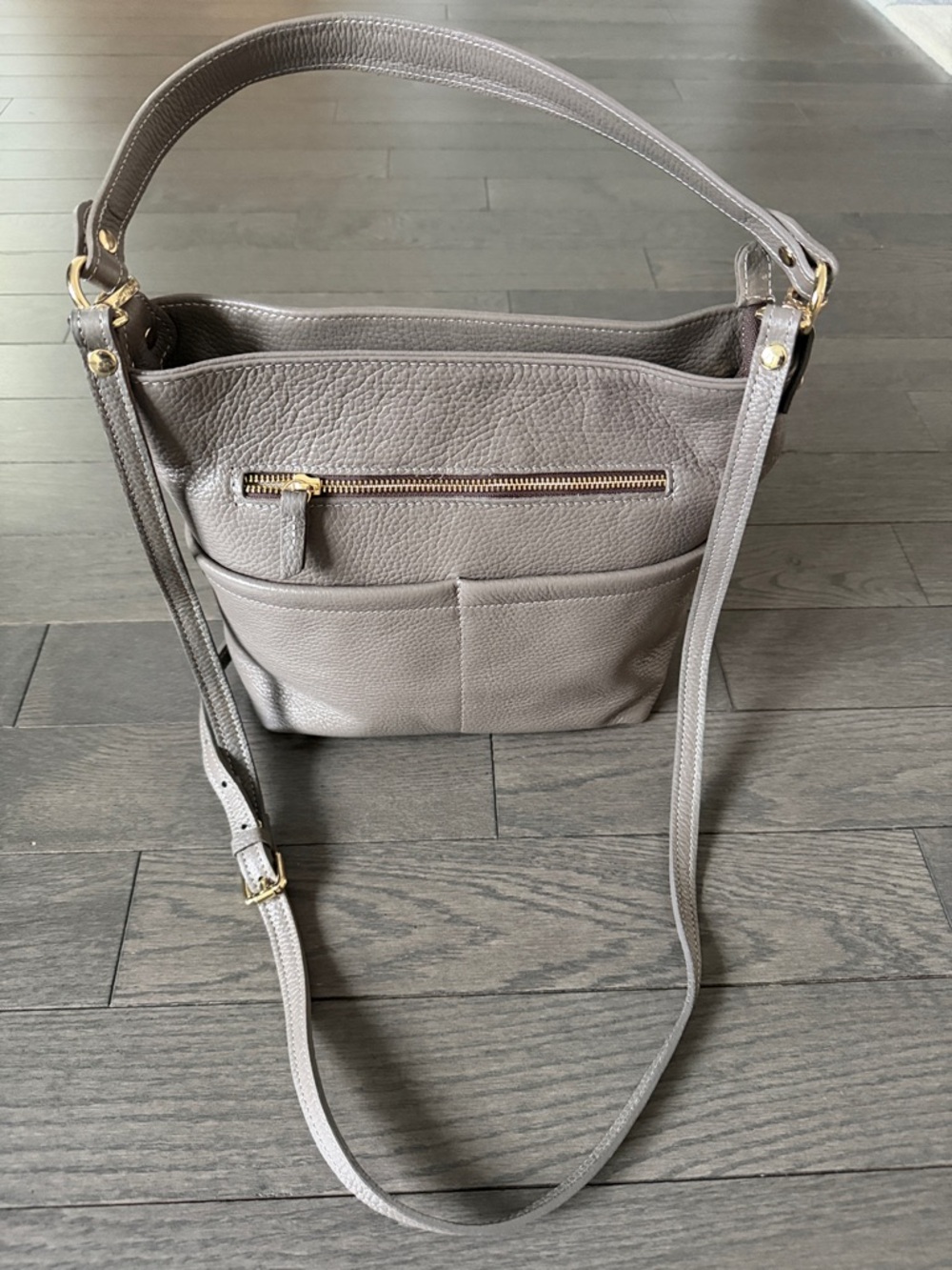 Valentina Taupe Leather Shoulder Bag with Gold Hardware